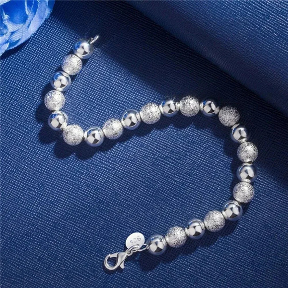 925 Sterling Silver 8 MM Textured Bead Bracelet - Picture 2 of 9